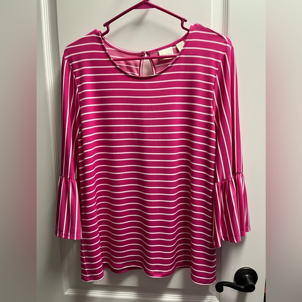 Chico’s Size 2 (US Large/12) Pink and White Stripe Bell Sleeve Top